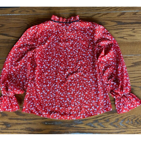 SHEIN Blouse Size Small Red Floral Ruffle Neck & Wrist Tie Neck Silky Top Dressy - Picture 6 of 11